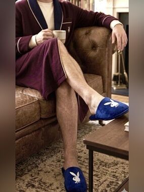 PLAYBOY MEN VELOUR SLIP ON SLIPPERS X 13/14 ROYAL BLUE MEMORY FOAM DAPPER RETRO